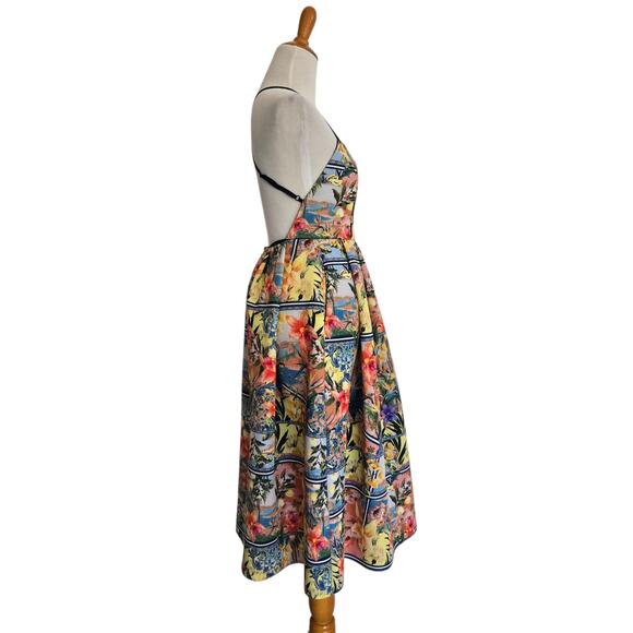 ASOS Tropical Multi Print Dress Scuba Open Back Fit Flare Tomato Girl Women 4 - Picture 2 of 14